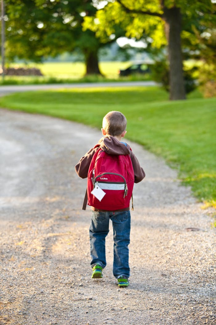 services-04 A young boy with a red backpack walking on a gravel path in a sunny park setting.