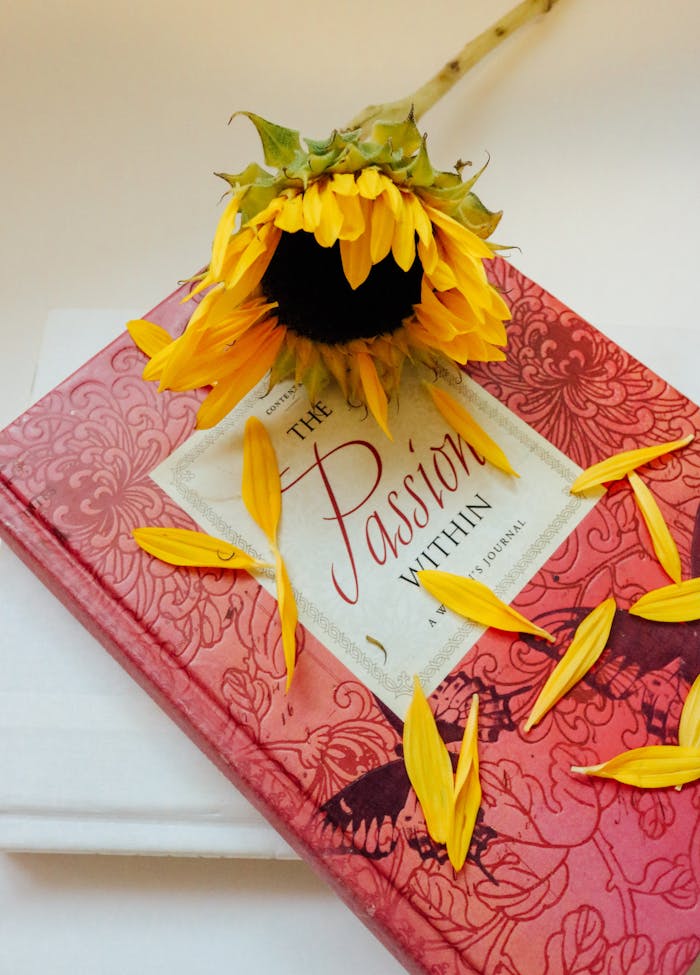 why-choose-us A vibrant sunflower rests on a decorative red hardcover journal with scattered petals.